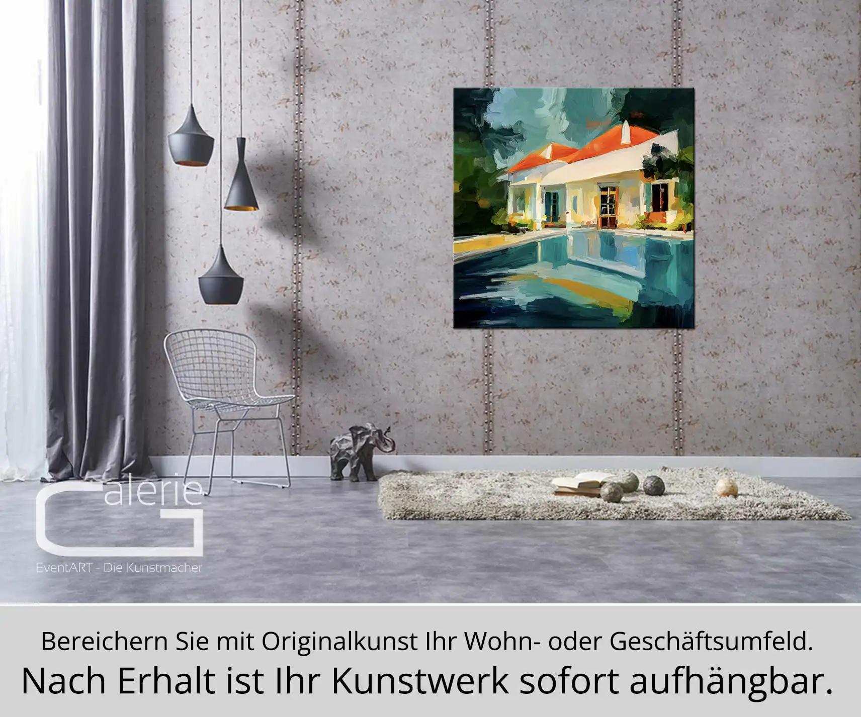 Moderne Pop Art: "Ferienhaus mit Pool", H. Mühlbauer-Gardemin, Original/serielles Unikat