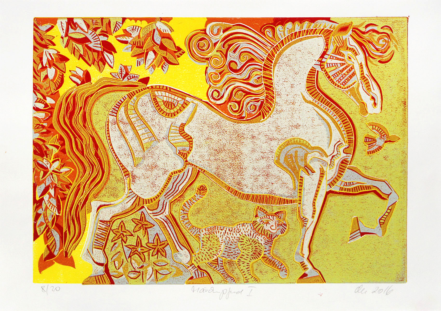 F.O. Haake: "Märchenpferd - Blatt 08/20", originale Grafik/serielles Unikat, mehrfarbiger Linoldruck
