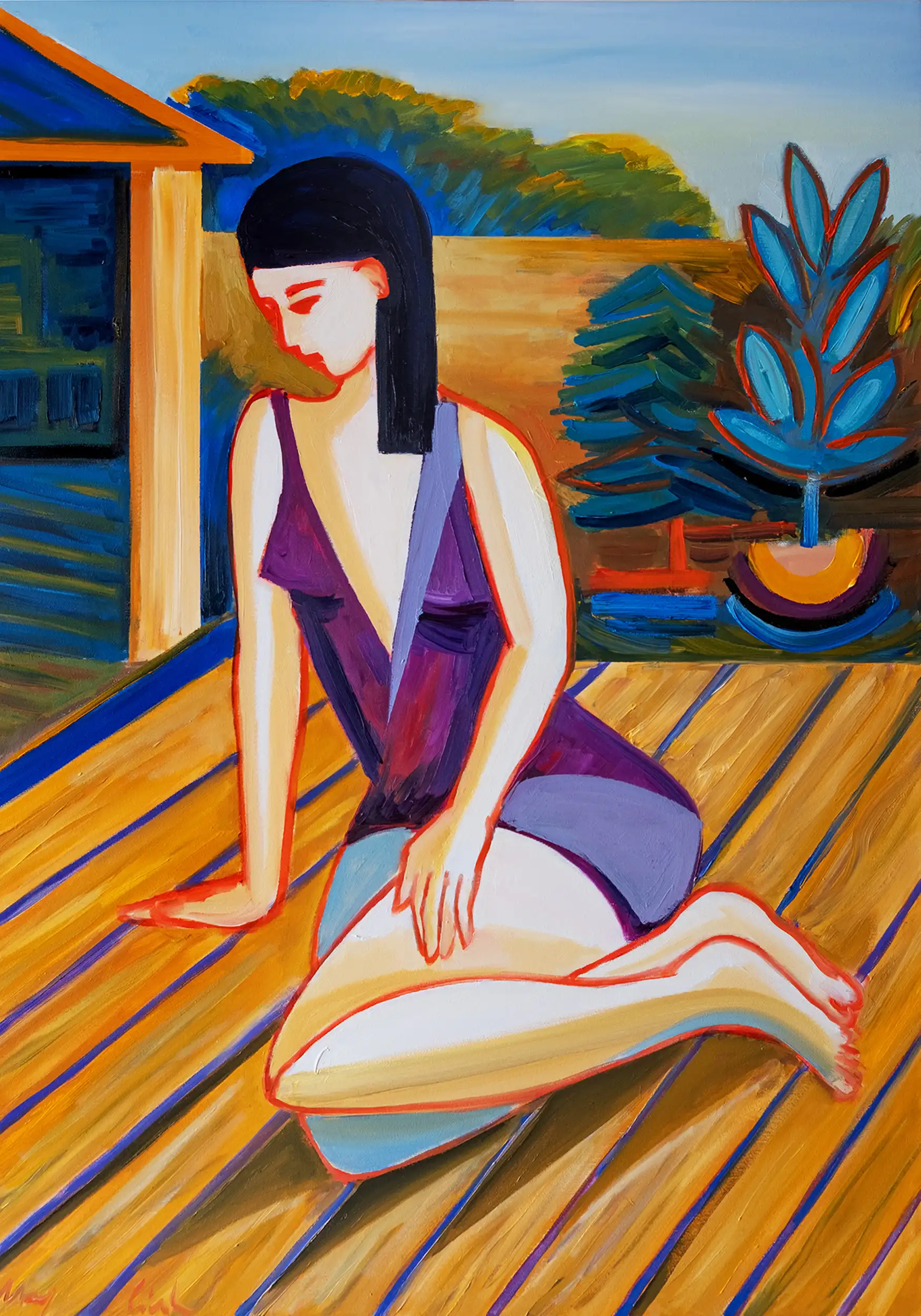 M. Cieśla: "Mädchen auf der Terrasse", Original/Unikat, Expressionistisches Ölgemälde